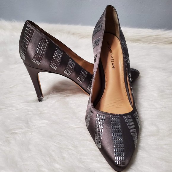 Antonio Melani Gray Satin with Metallic Silver Embossed Detailing Heels, 8.5 - Picture 1 of 10